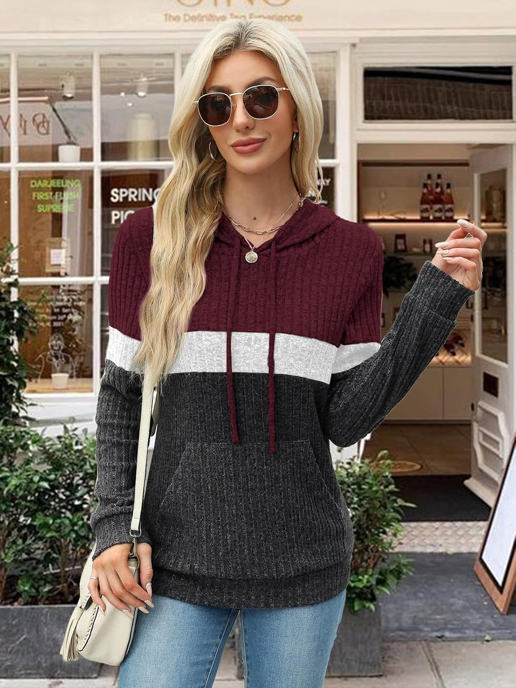 MixShe Women’s Color Block Knit Hoodie – Casual Long Sleeve Pullover Sweater Tops with Pocket
