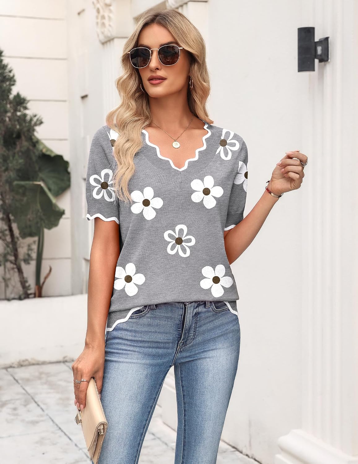 Zeagoo Women's Short Sleeve Sweater 2026 Summer V Neck Tops Dressy Blouses