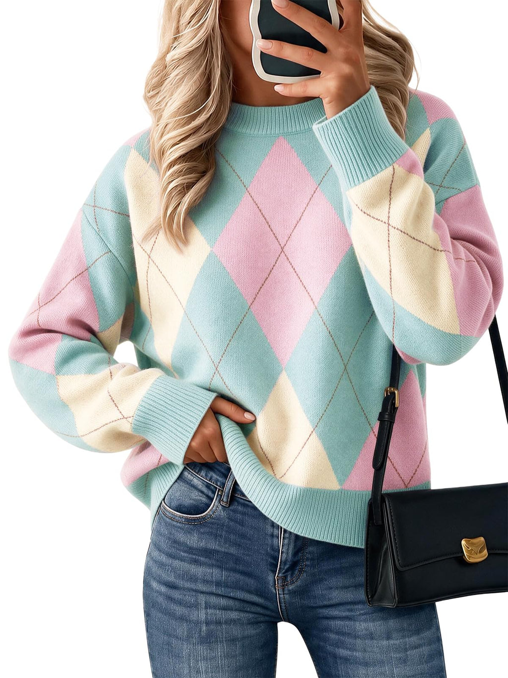 Cicy Bell Sweaters for Women Argyle Plaid Color Block Knit Pullover Tops