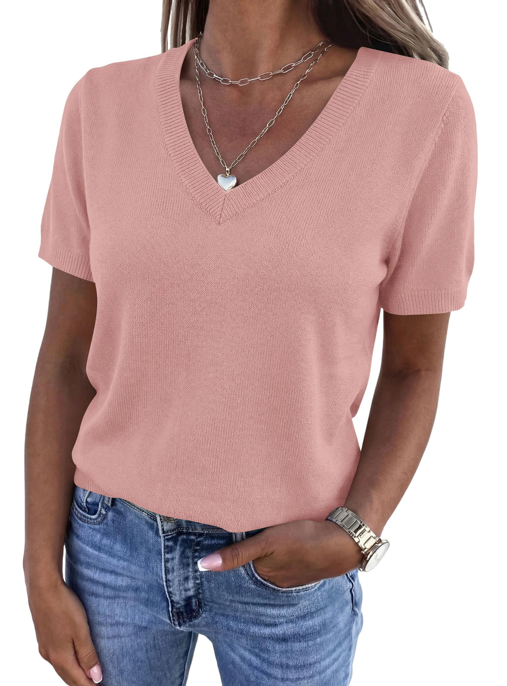 PRETTYGARDEN Womens Short Sleeve Sweater V Neck Tops