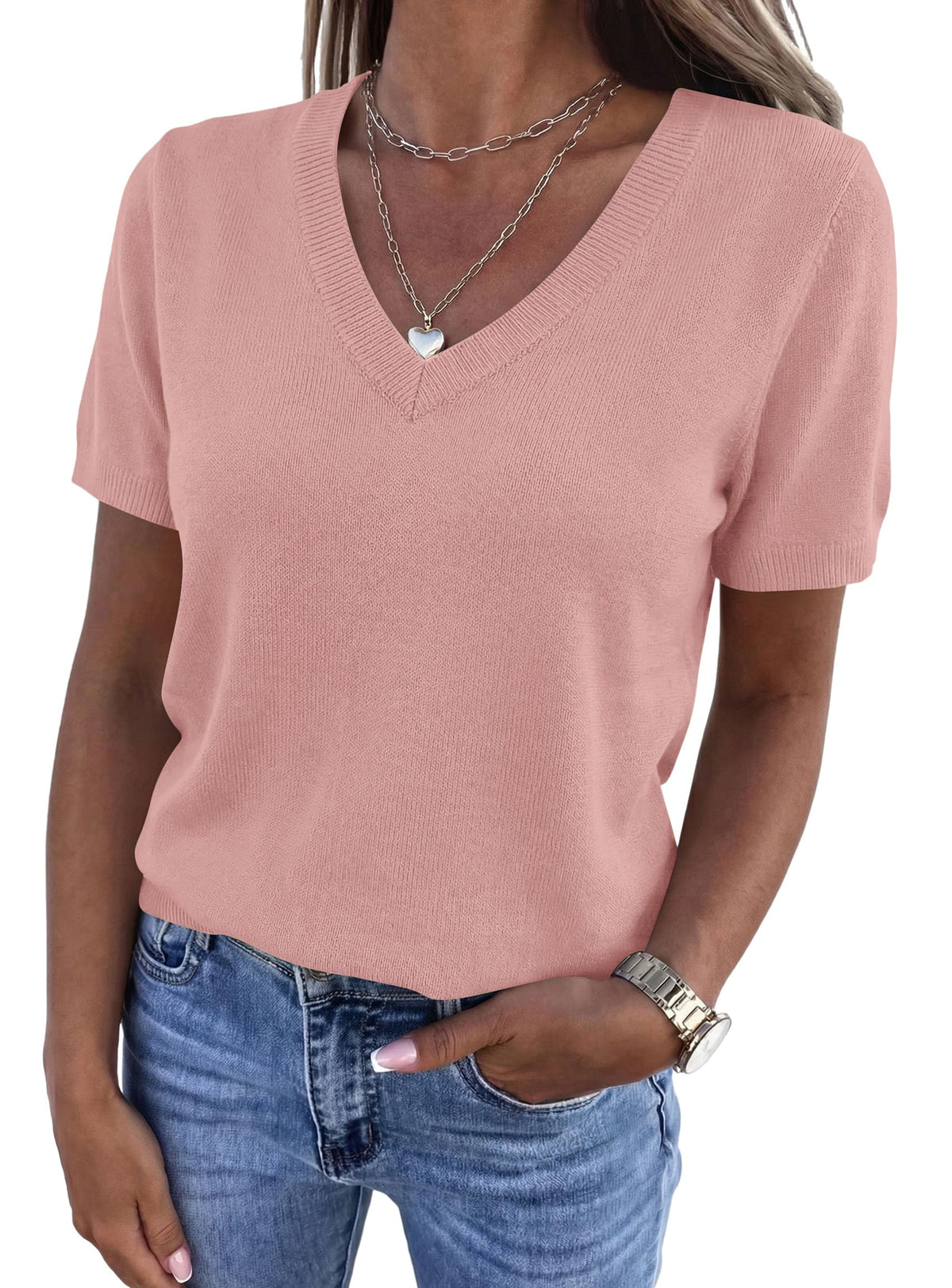 PRETTYGARDEN Womens Short Sleeve Sweater V Neck Tops