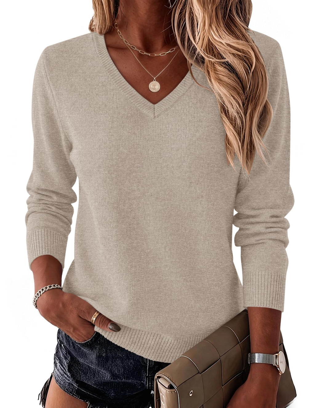LOMON Womens Wool Blend Sweaters Long Sleeve Tops V Neck Knit Shirts Fall