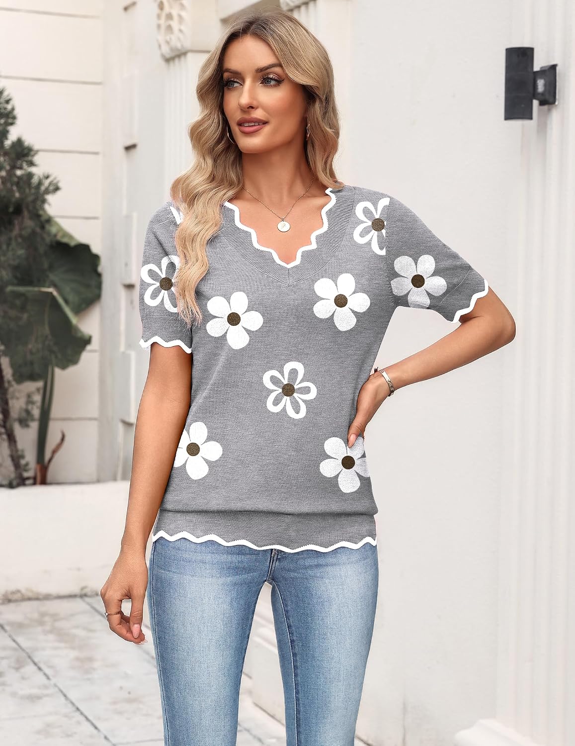 Zeagoo Women's Short Sleeve Sweater 2026 Summer V Neck Tops Dressy Blouses