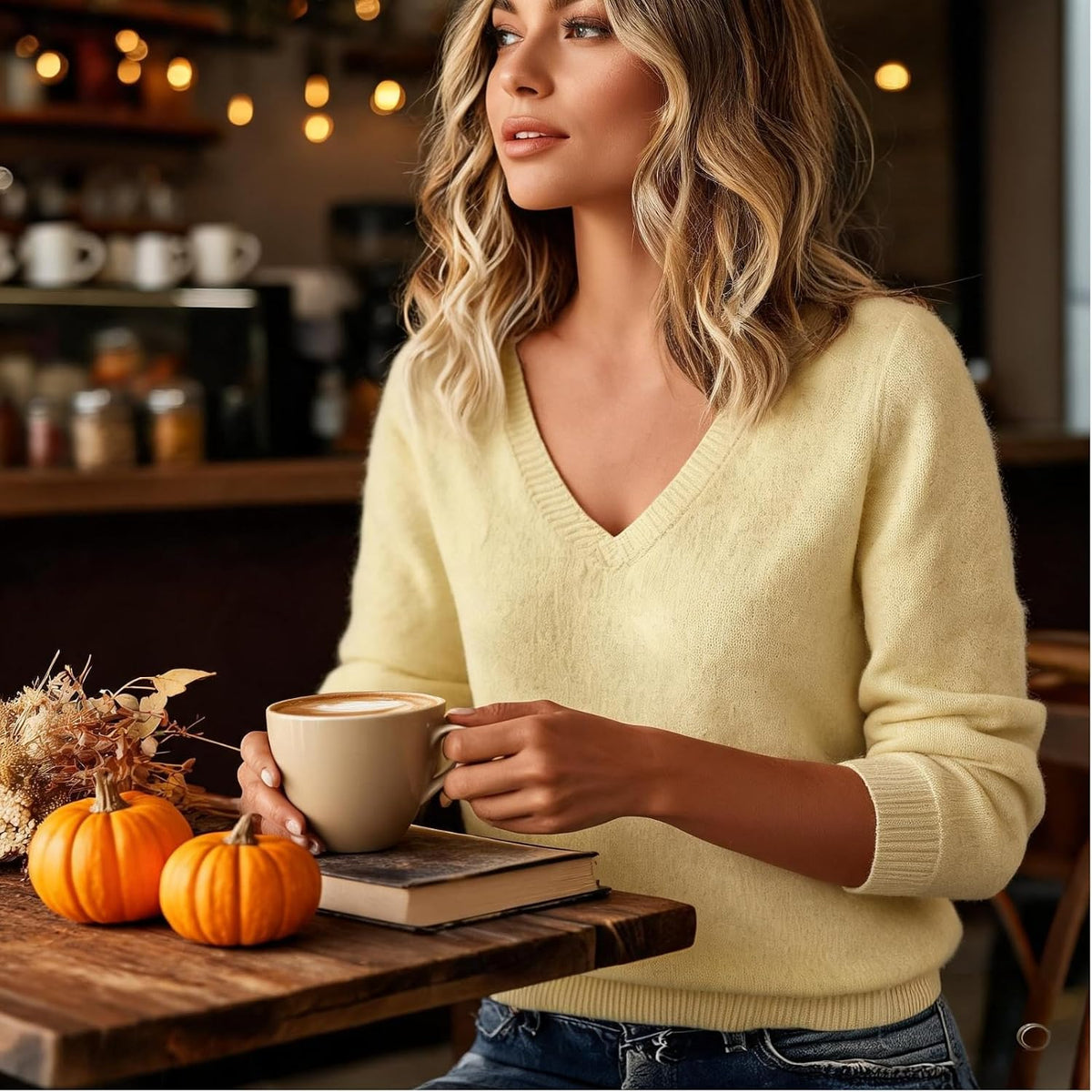 Cashmere Sweaters for Women V Neck Fall Warm Knit Wool Pullover Sweater