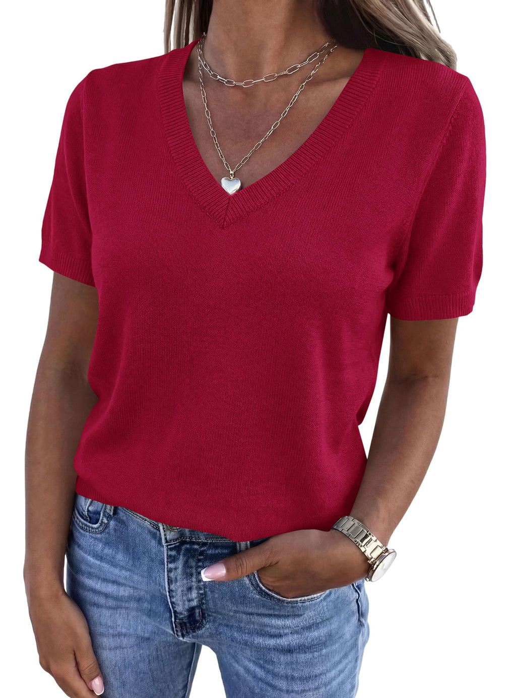 PRETTYGARDEN Womens Short Sleeve Sweater V Neck Tops