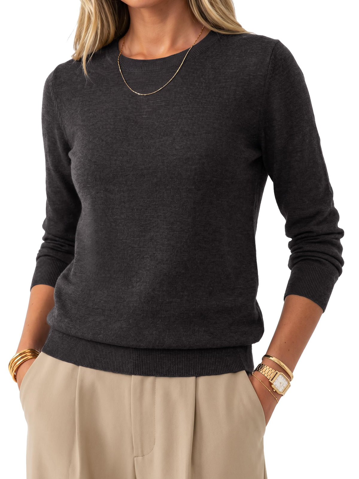 Arach&Cloz Women's 100% Merino Wool Long Sleeve Crew Neck Fall Work Sweater