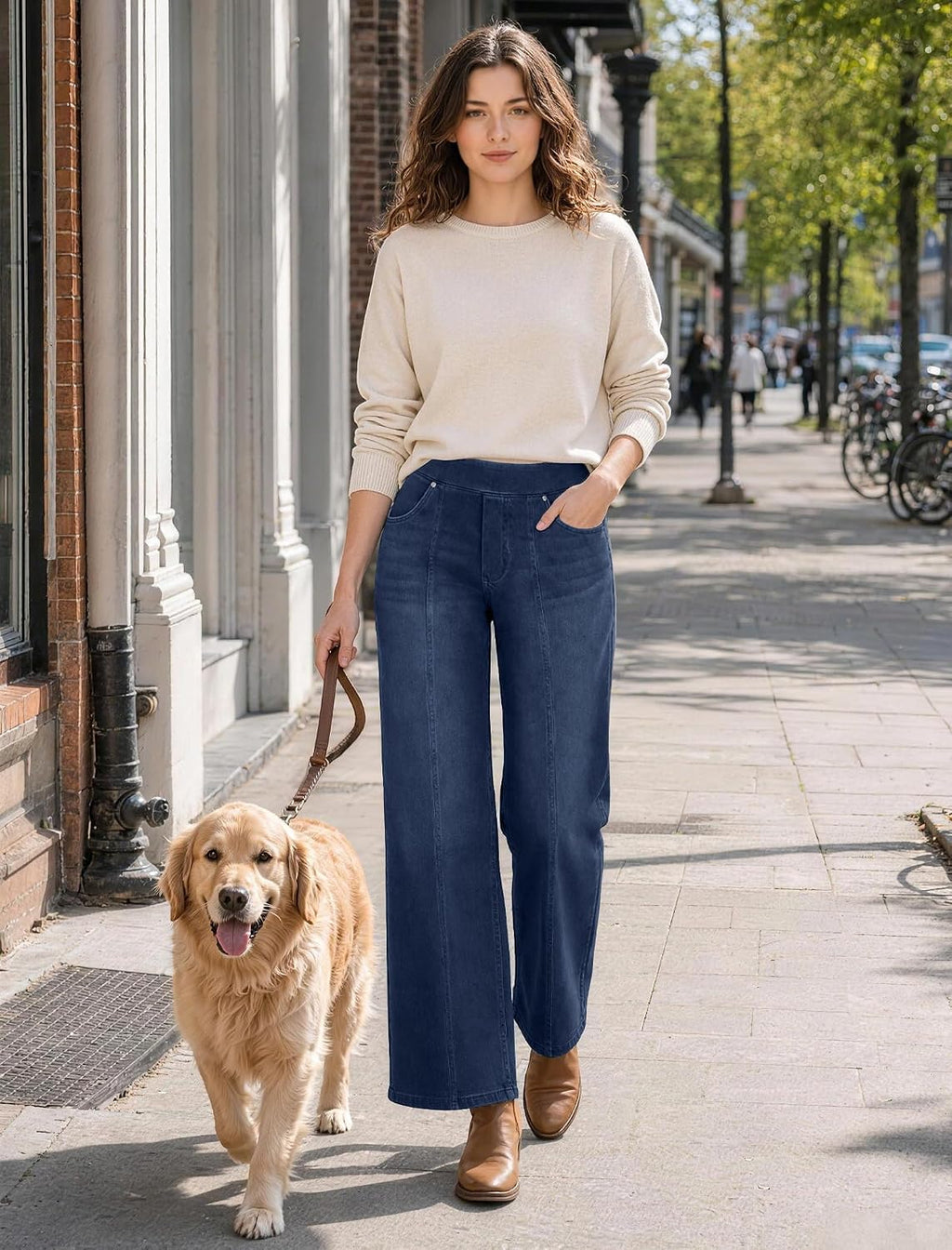 DLOODA Women's Stretchy Wide Leg Jeans High Waisted Pull on Sweatpant Jeans