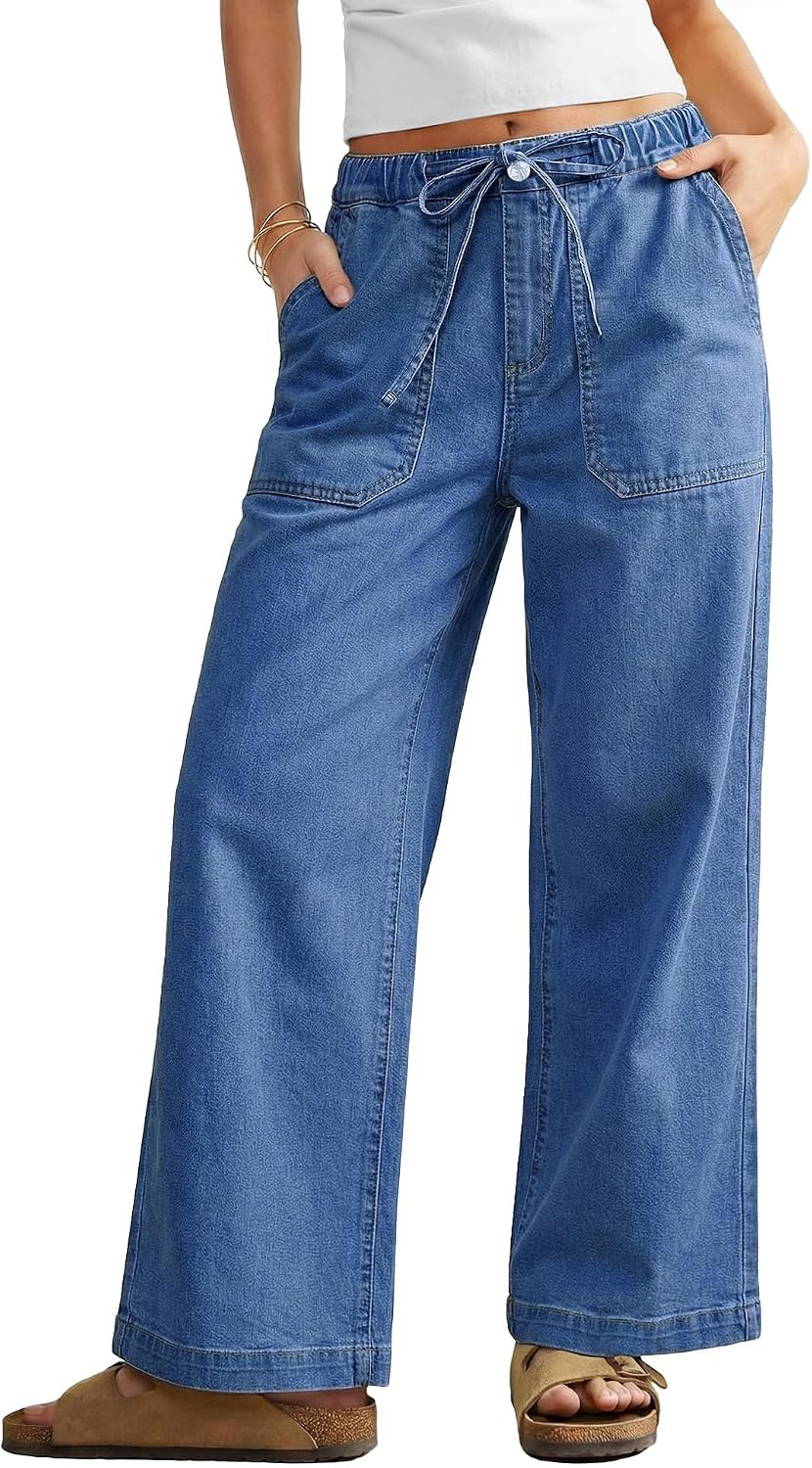 GRAPENT Wide Leg Jeans for Women Trendy High Waisted Drawstring Tie Elastic Waist Stretchy Denim Pants Trouser Jeans