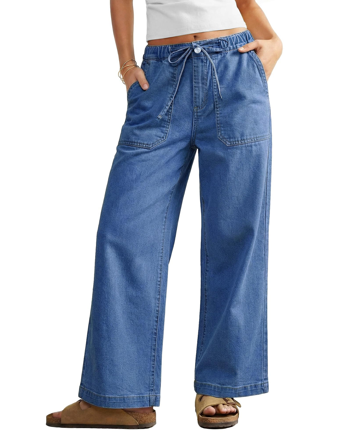 GRAPENT Wide Leg Jeans for Women Trendy High Waisted Drawstring Tie Elastic Waist Stretchy Denim Pants Trouser Jeans