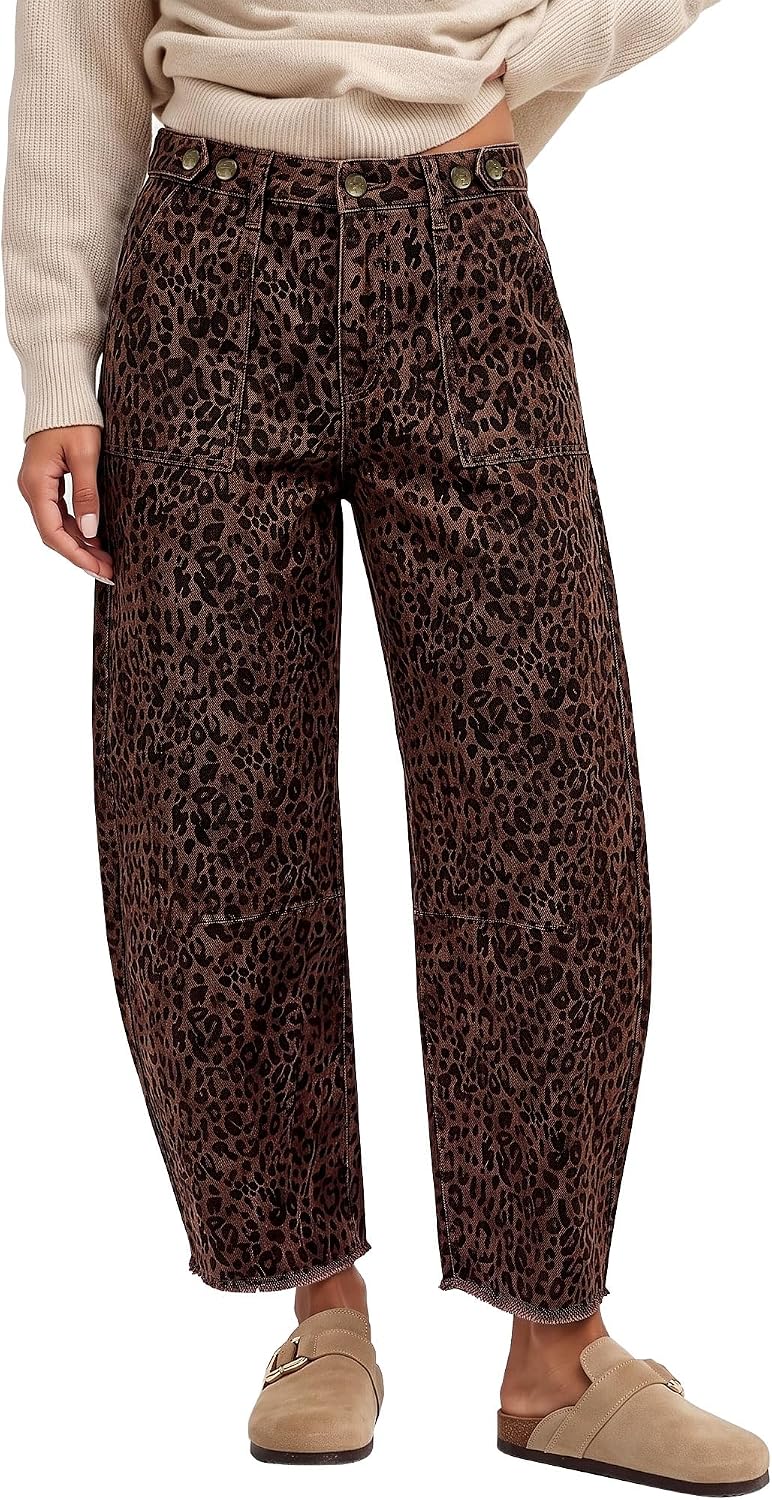 GRAPENT Leopard Barrel Jeans Women High Rise Frayed Hem Cheetah Print Pants