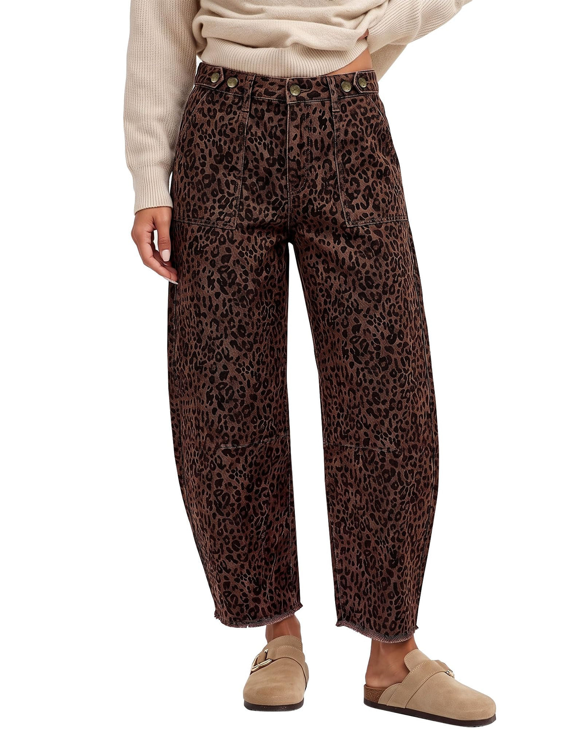 GRAPENT Leopard Barrel Jeans Women High Rise Frayed Hem Cheetah Print Pants