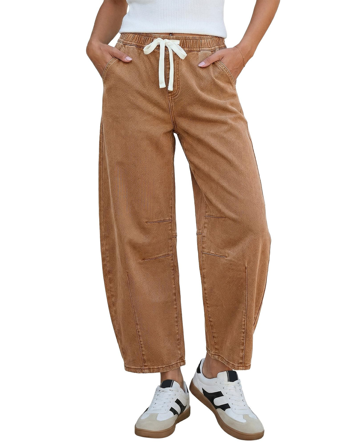 GRAPENT Barrel Jeans Women High Rise Pull On Elastic Waist Crop Denim Pants