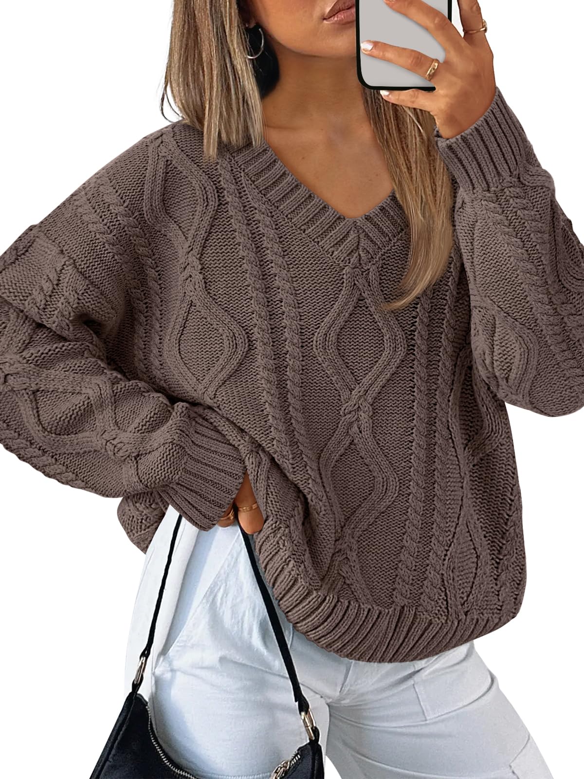 Trendy Queen Womens V Neck Cable Knit Sweaters Oversized Cozy Fall Pullover