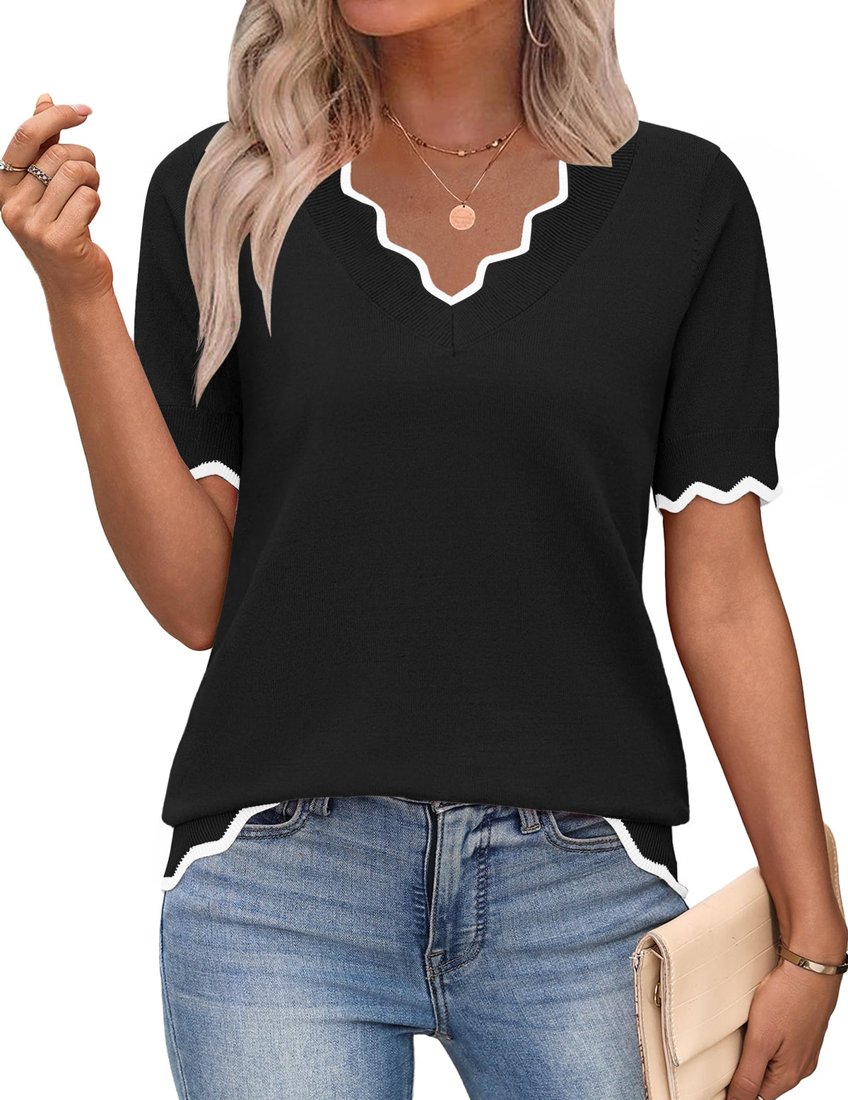 Zeagoo Women's Short Sleeve Sweater 2026 Summer V Neck Tops Dressy Blouses