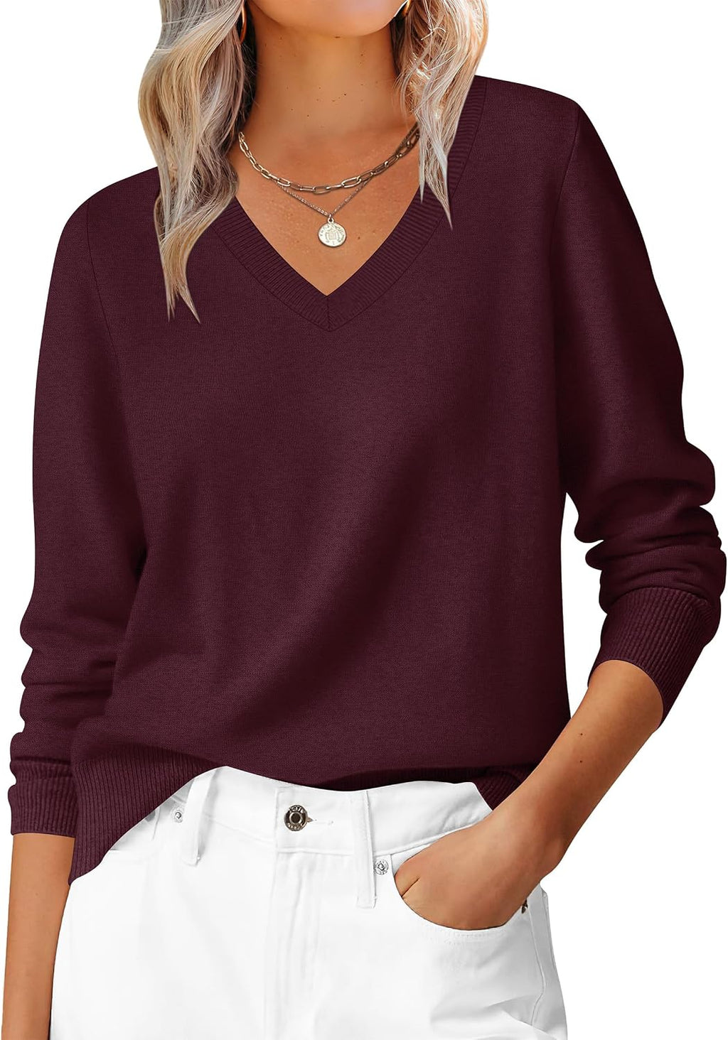 ANRABESS Women’s Fall Long Sleeve V Neck Lightweight Sweaters Top