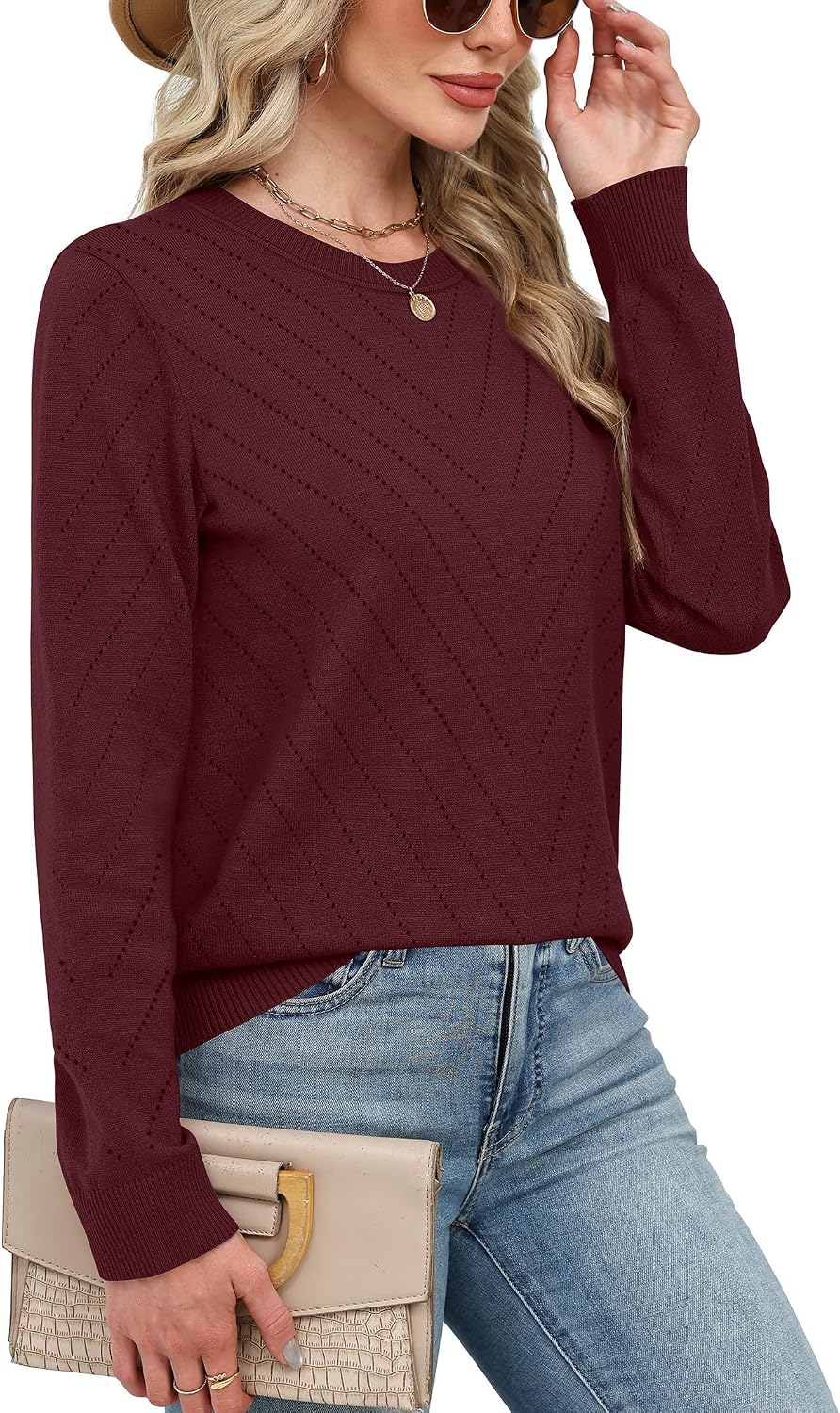 Sampeel Womens Sweaters Crew Neck Long Sleeve Tops Knit Soft Pullover Sweaters Cozy Dressy Casual Shirts Fashion Clothing