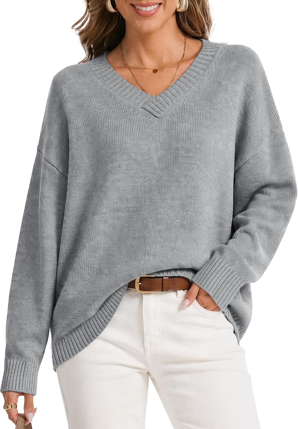 Womens Oversized Cashmere Blend V Neck Cozy Pullover Sweaters