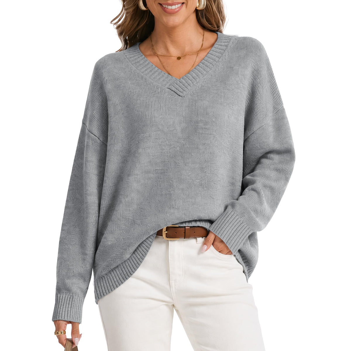 Womens Oversized Cashmere Blend V Neck Cozy Pullover Sweaters