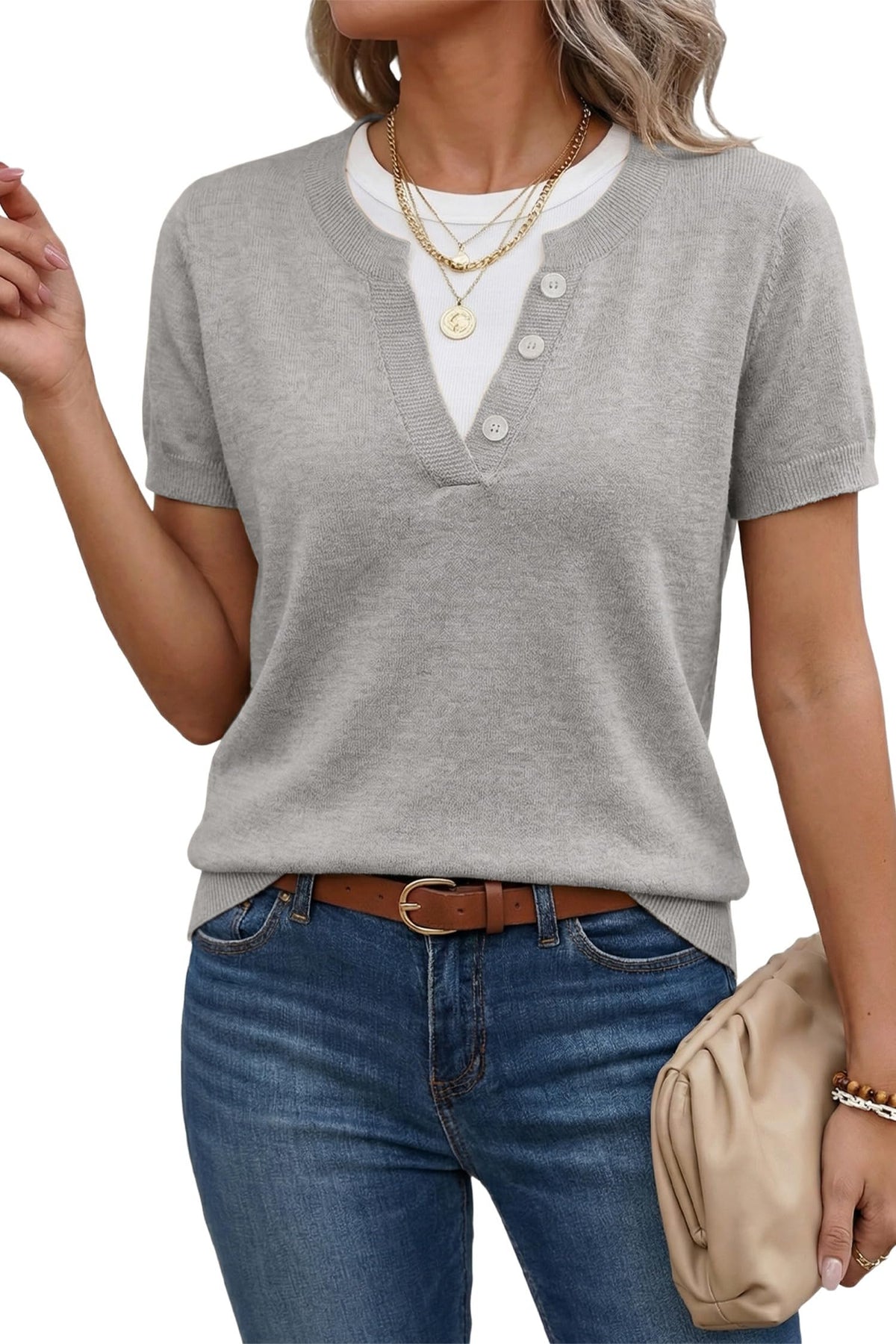 SHEWIN Womens Lightweight Short Sleeve Sweaters Fall Layered Knit Tops