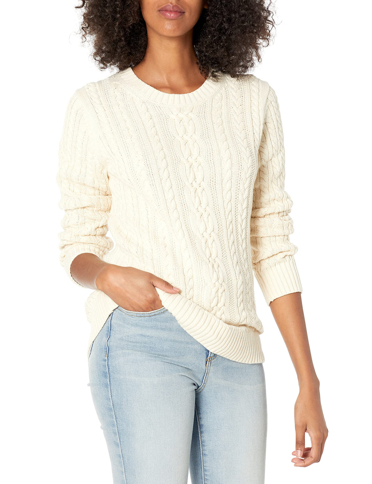 Amazon Essentials Women's Regular Fit Soft Cotton Cable Knit Ribbed Crewneck Sweater (Available in Plus Size)