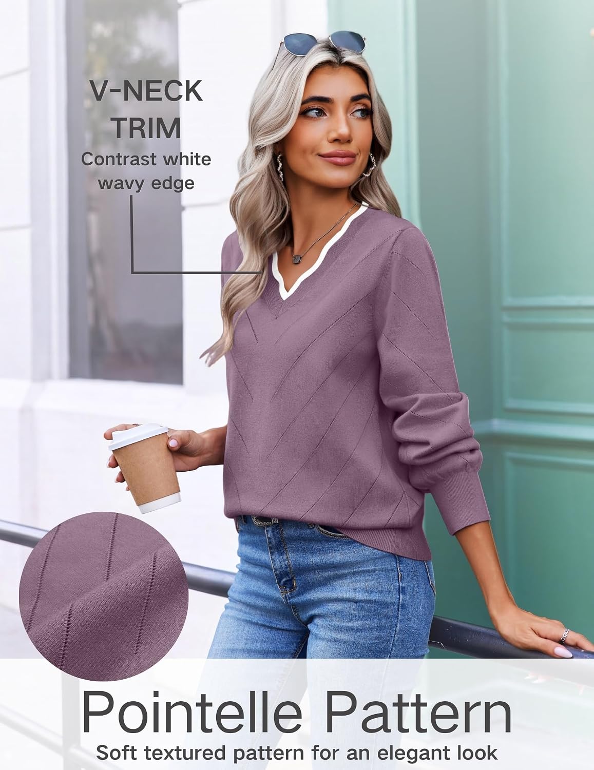 Ekouaer Women's Fall V Neck Sweaters Knit Lightweight Long Sleeve Tops 2026