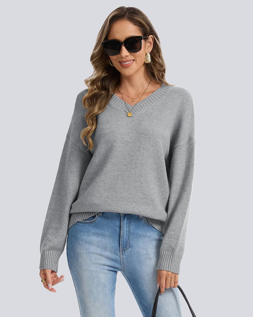Womens Oversized Cashmere Blend V Neck Cozy Pullover Sweaters