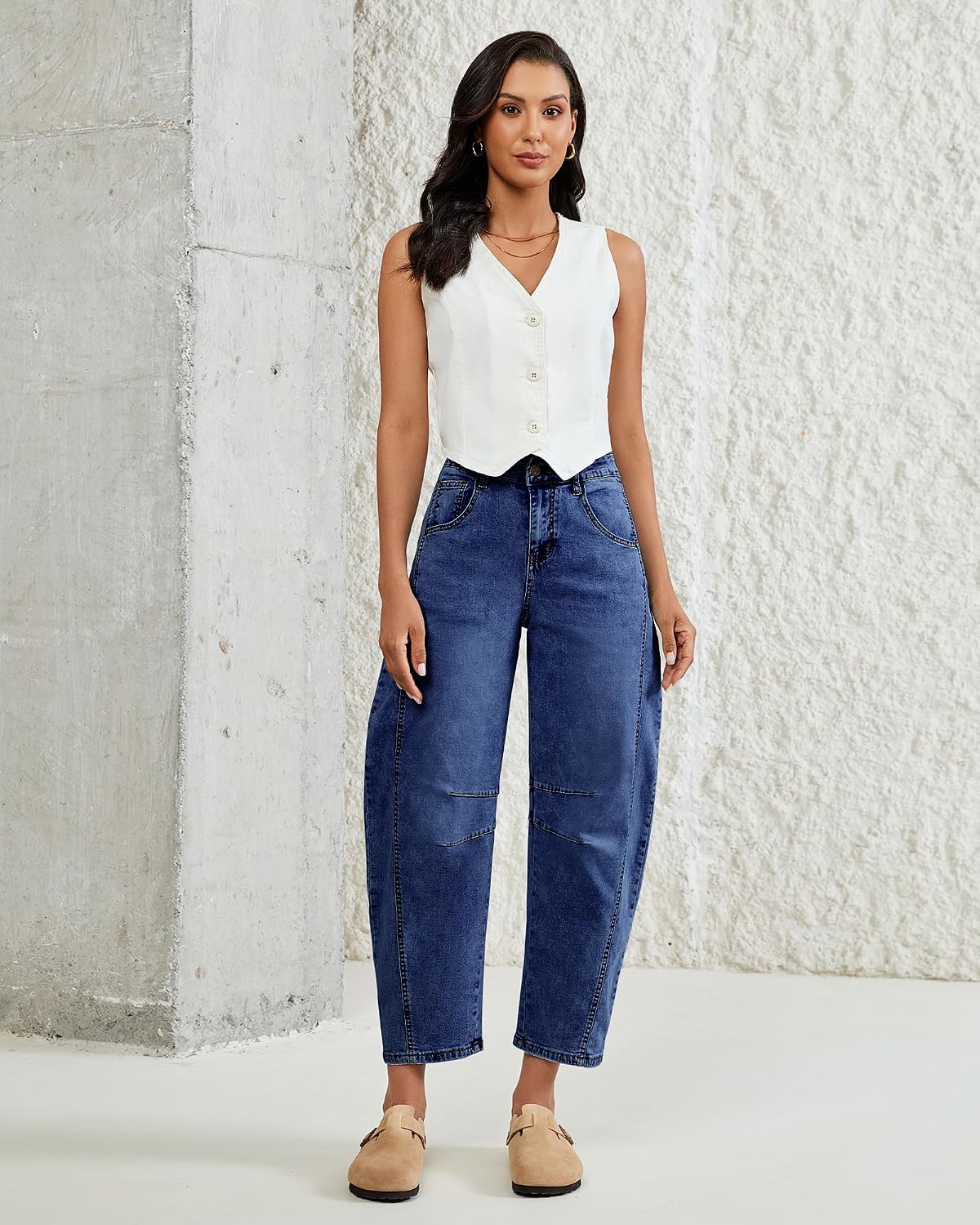 Vetinee Barrel Jeans for Women Trendy High Waisted Cropped Wide Leg Relaxed Fit Balloon Baggy Stretchy Denim Pants