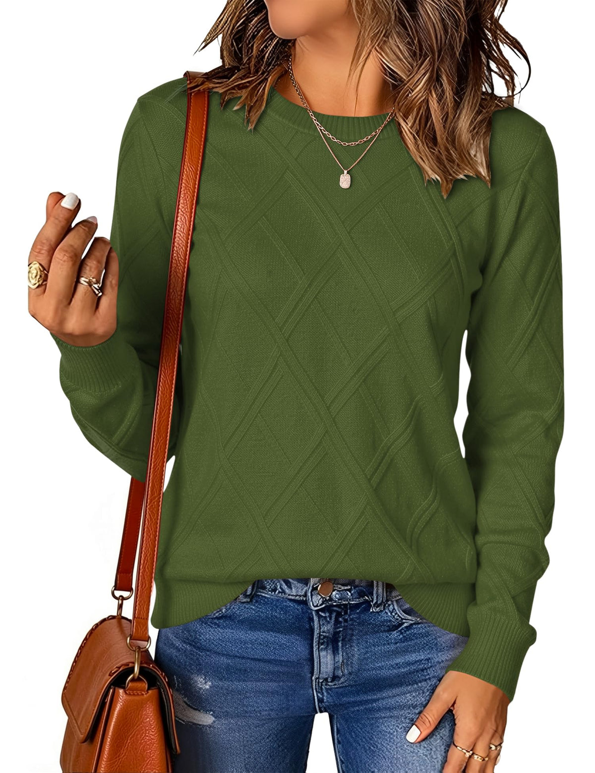 LOMON Women's Cable Knit Sweater Long Sleeve Crew Neck Fall Tops
