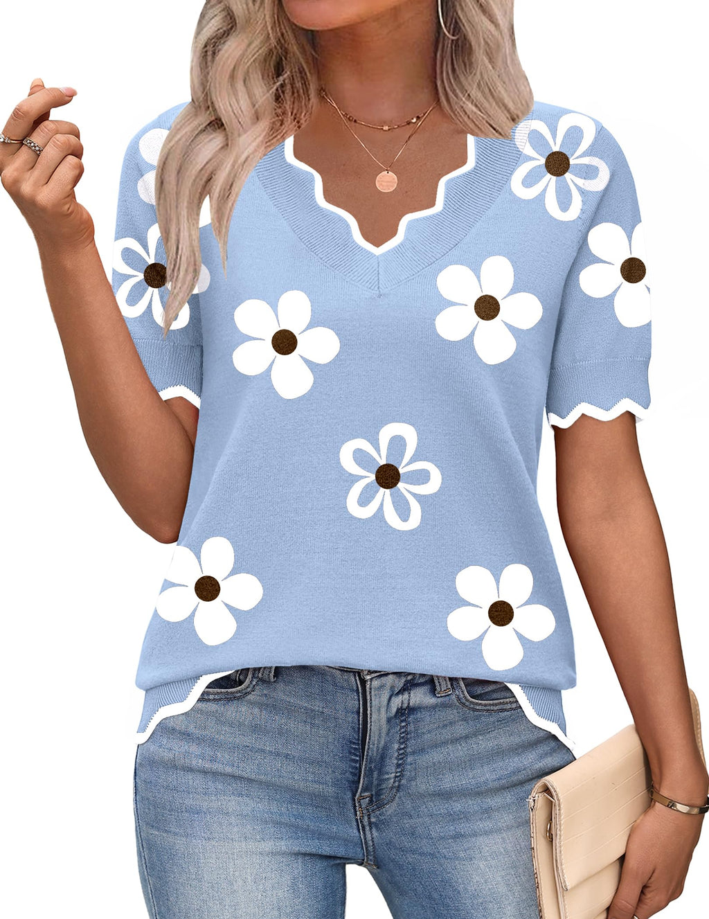 Zeagoo Women's Short Sleeve Sweater 2026 Summer V Neck Tops Dressy Blouses
