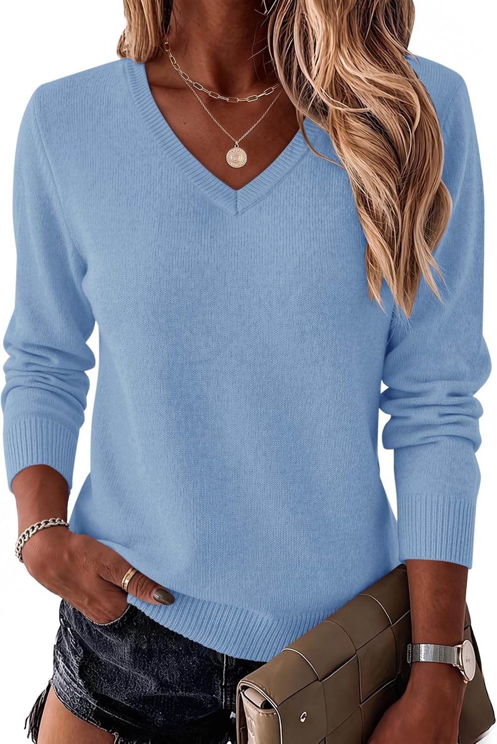 LOMON Womens Wool Blend Sweaters Long Sleeve Tops V Neck Knit Shirts Fall