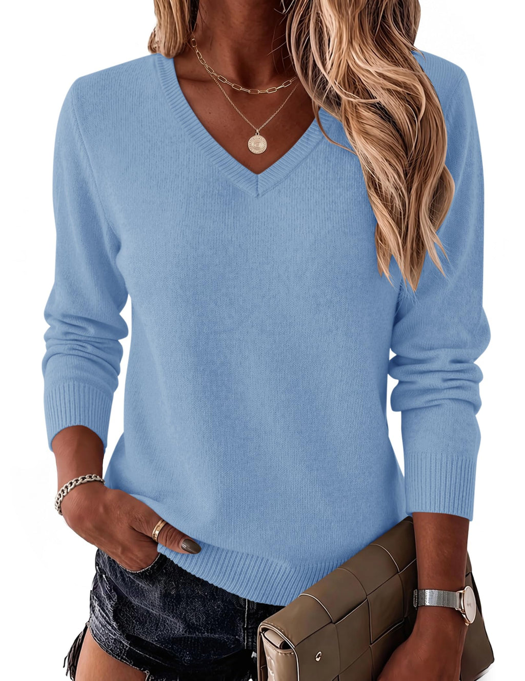 LOMON Womens Wool Blend Sweaters Long Sleeve Tops V Neck Knit Shirts Fall