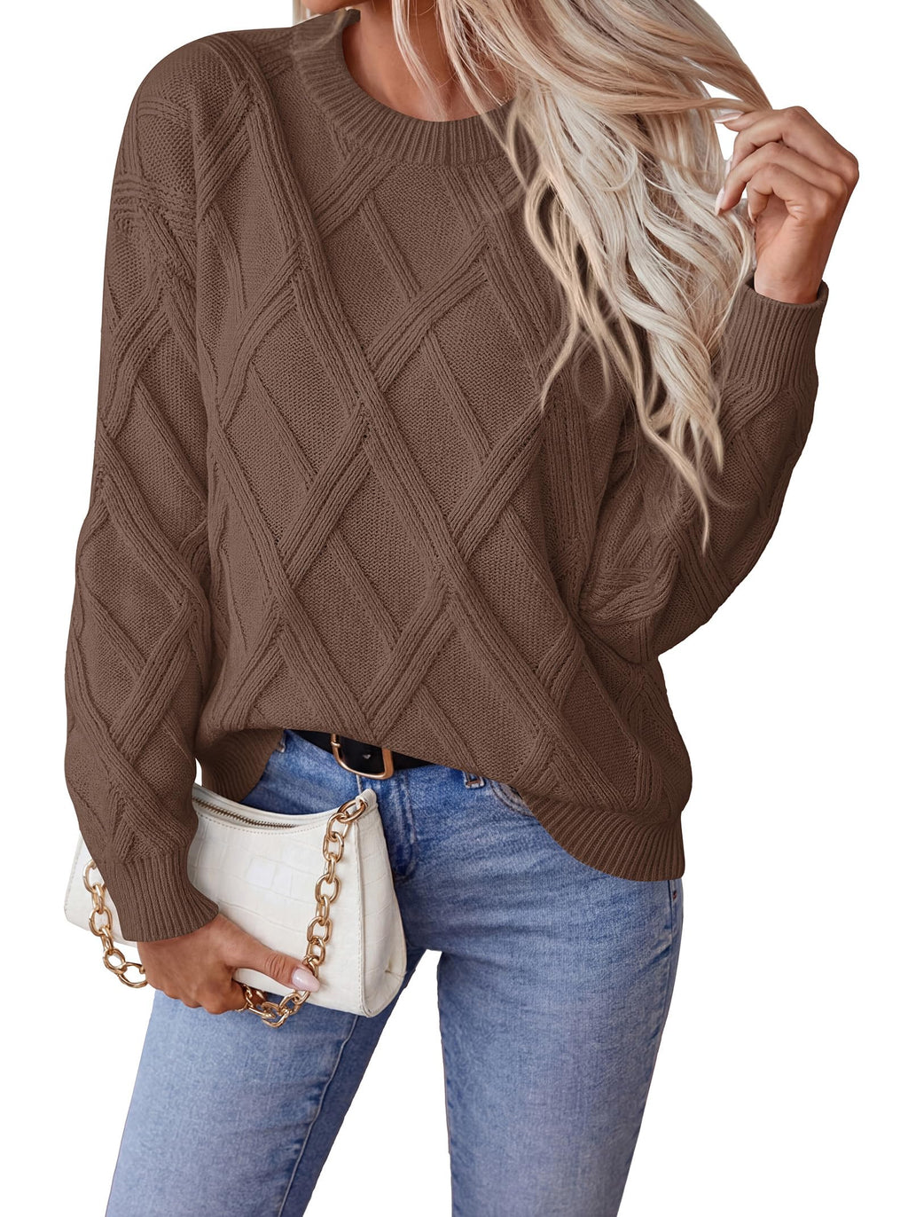 Okiwam Women's Long Sleeve Sweaters Crewneck Cable Knit Pullover
