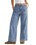 GRAPENT Wide Leg Jeans for Women Trendy High Waisted Drawstring Tie Elastic Waist Stretchy Denim Pants Trouser Jeans