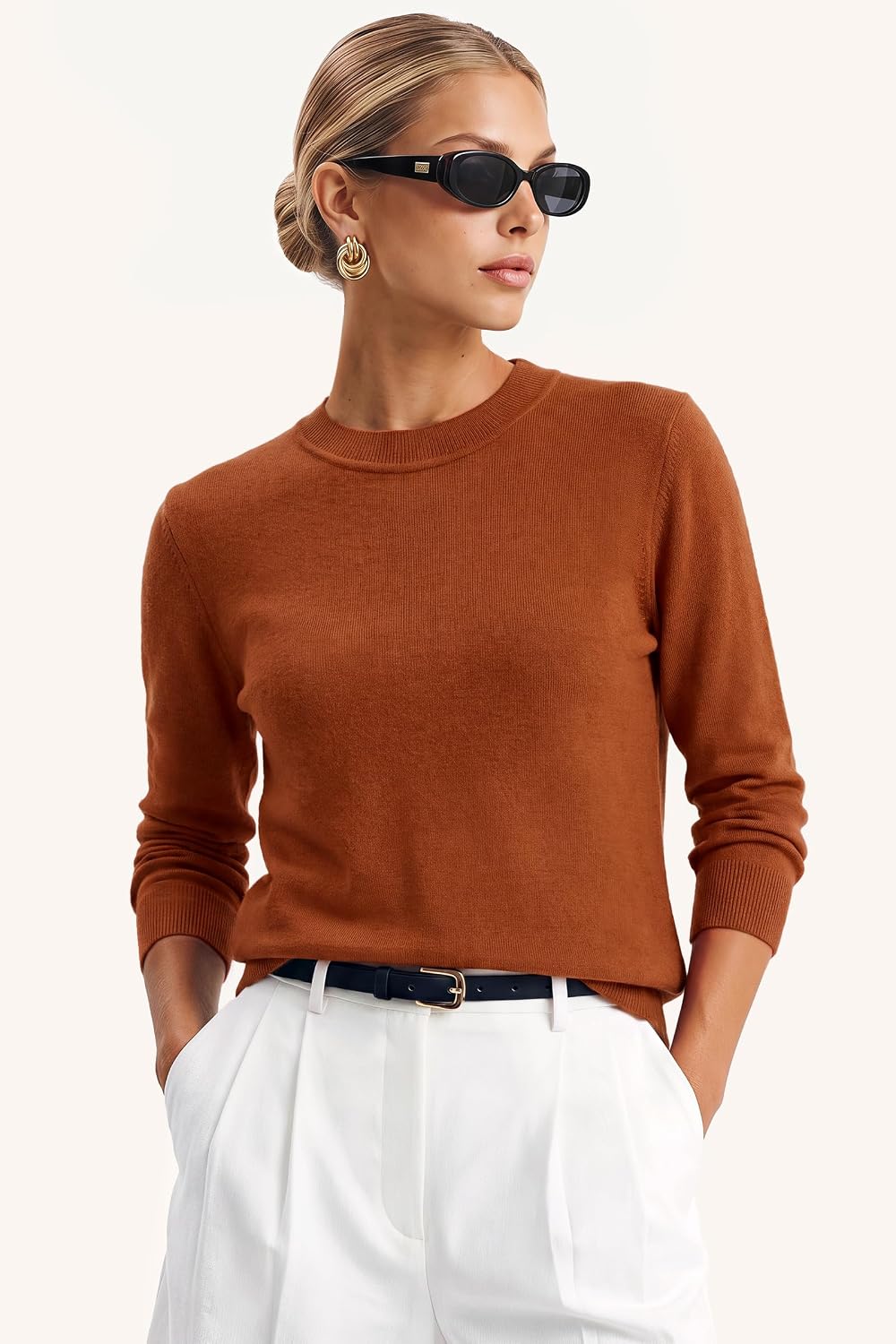 Arach&Cloz Women's Wool Blend Classic Crew Neck Casual Fall Sweaters