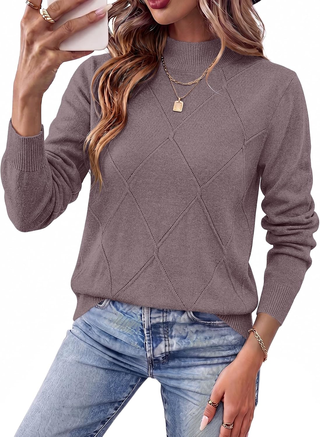 WIHOLL Womens Tops Sweaters Argyle Knit Long Sleeve Fall Outfits Winter
