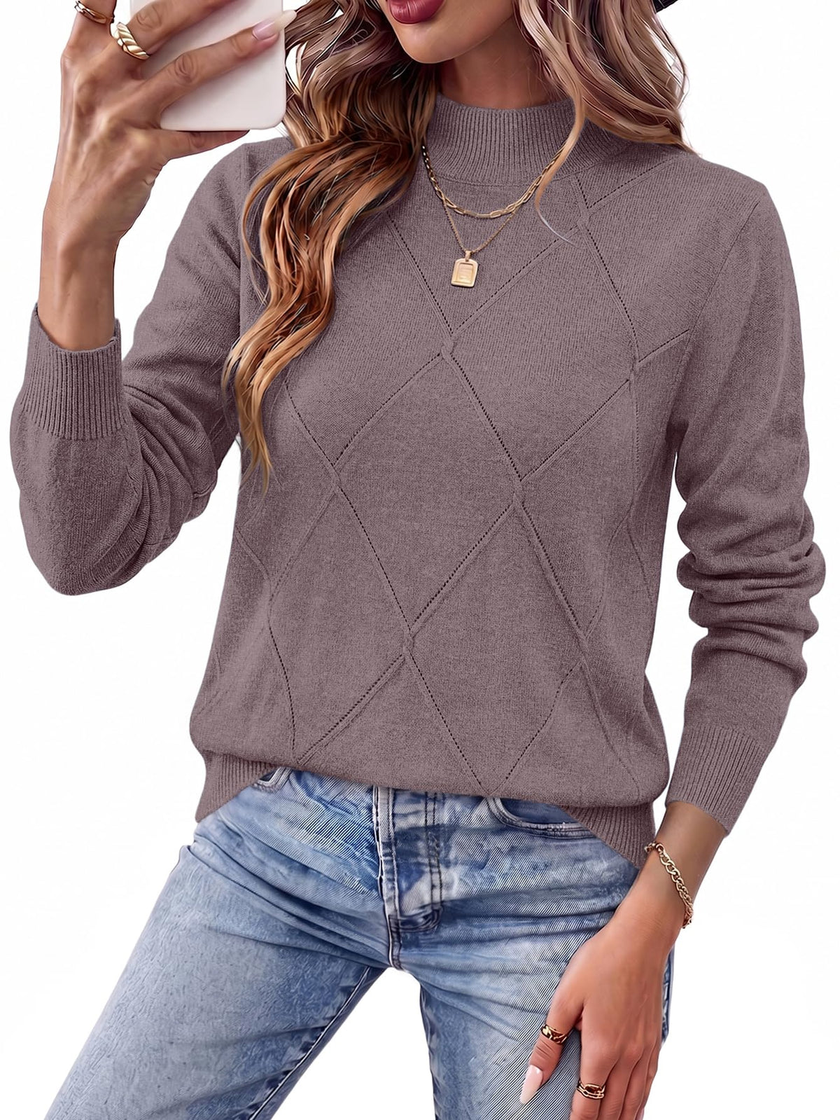 WIHOLL Womens Tops Sweaters Argyle Knit Long Sleeve Fall Outfits Winter