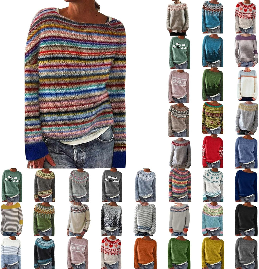 Fair Isle Sweater Women Boho Knitted Vintage Sweaters Casual Crewneck Long Sleeve Lightweight Cropped Pullover Tops