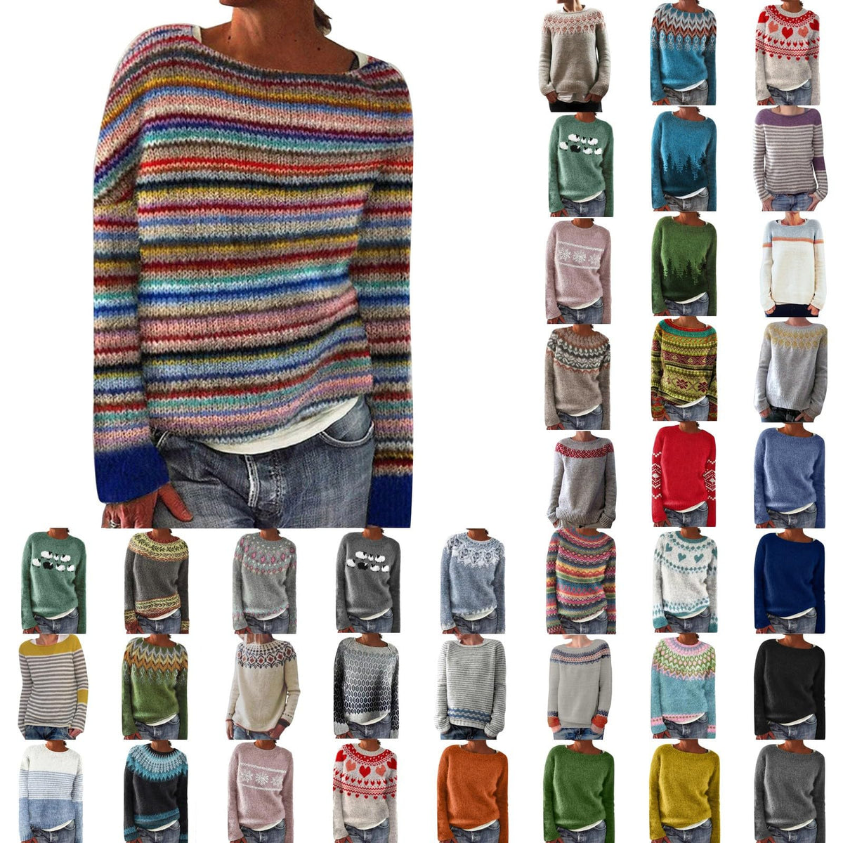 Fair Isle Sweater Women Boho Knitted Vintage Sweaters Casual Crewneck Long Sleeve Lightweight Cropped Pullover Tops
