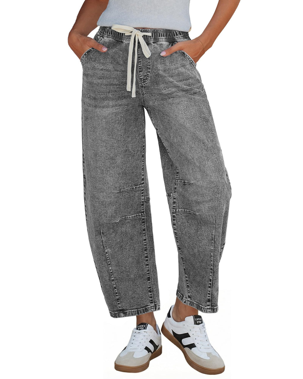 GRAPENT Barrel Jeans Women High Rise Pull On Elastic Waist Crop Denim Pants