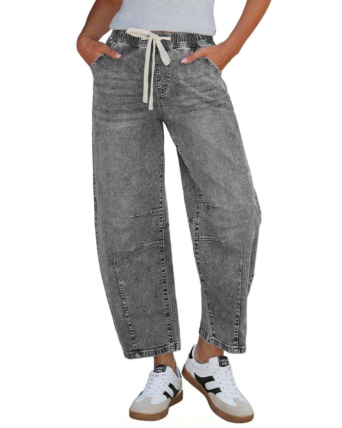 GRAPENT Barrel Jeans Women High Rise Pull On Elastic Waist Crop Denim Pants