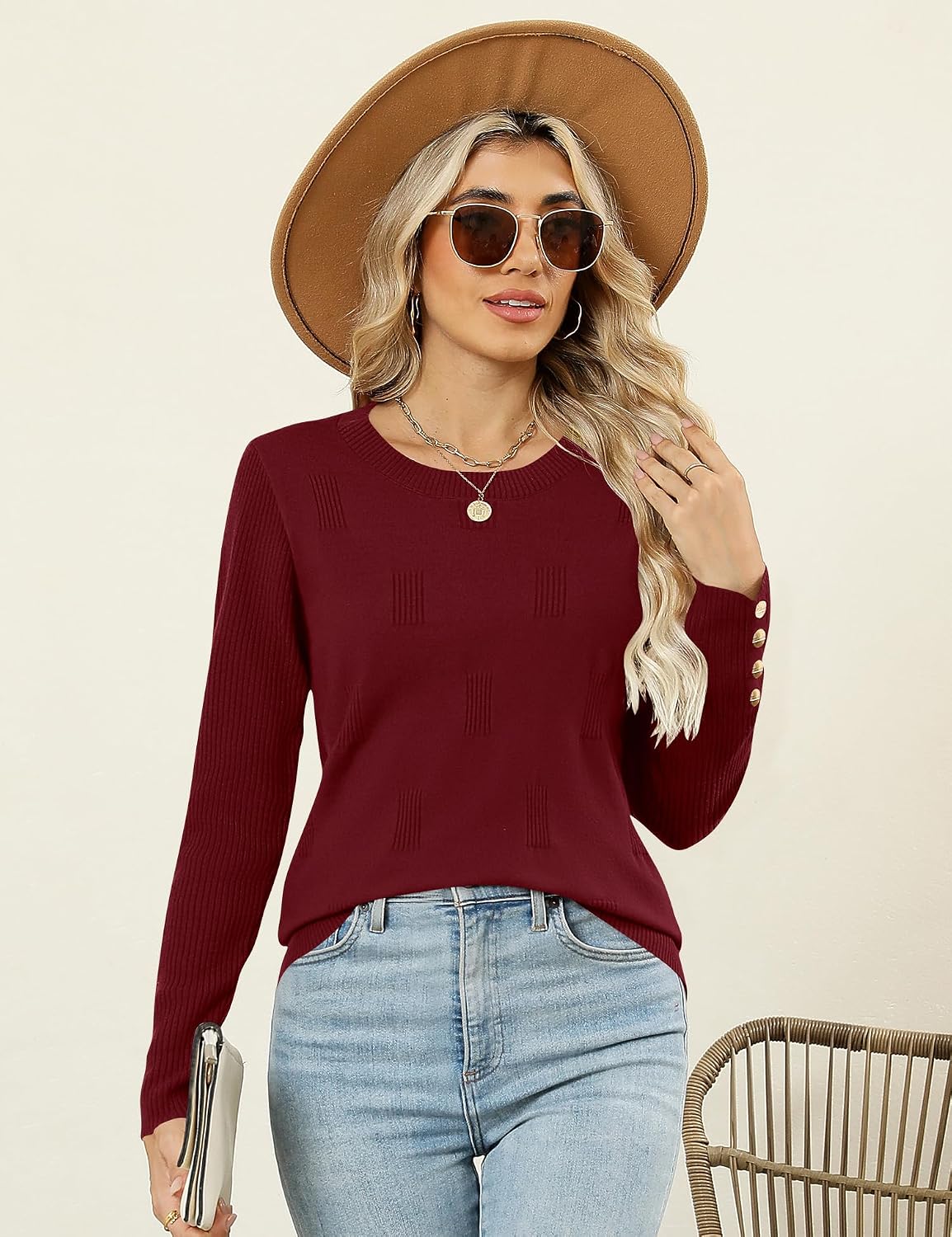 AKEWEI Womens Sweaters Long Sleeve Crew Neck Lightweight Knit Pullover Tops with Decorative Buttons
