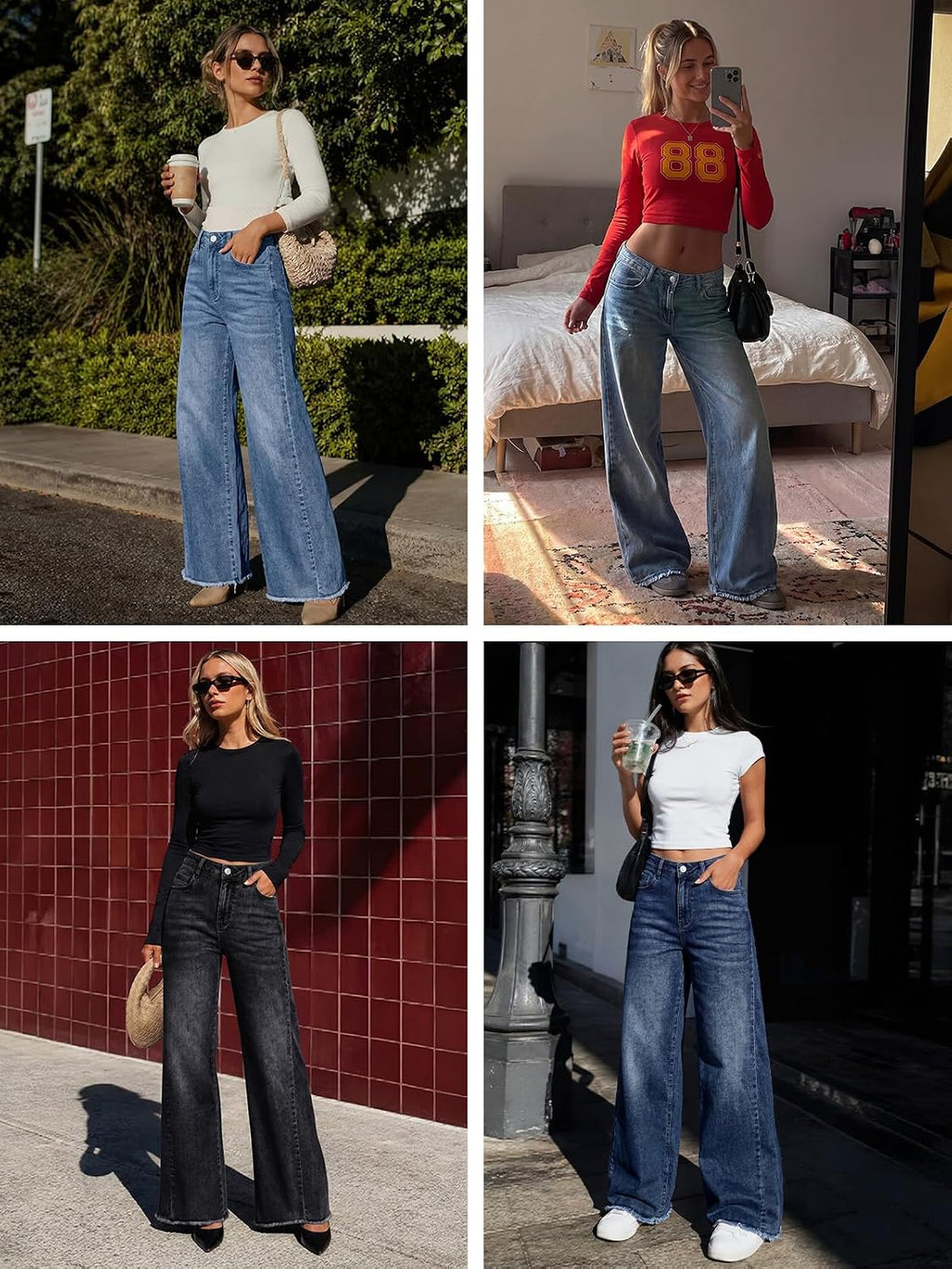 Trendy Queen Women's Wide Leg Jeans, Relaxed Loose with Raw Hem Pants