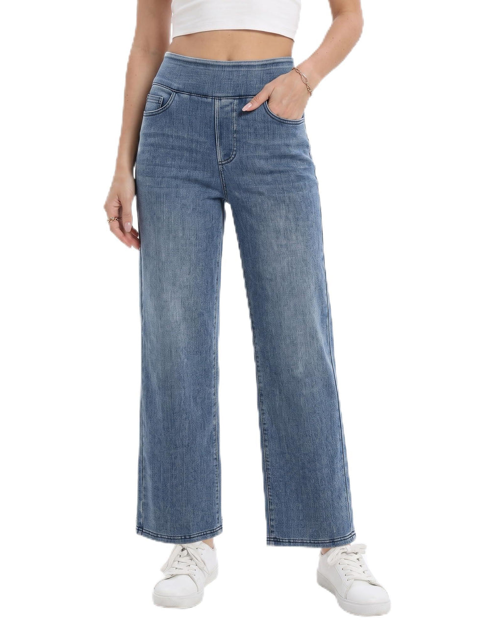 Wide Leg Pull On Jeans Womens High Rise Stretchy Jeans Denim Pants with Elastic Waist Tummy Control