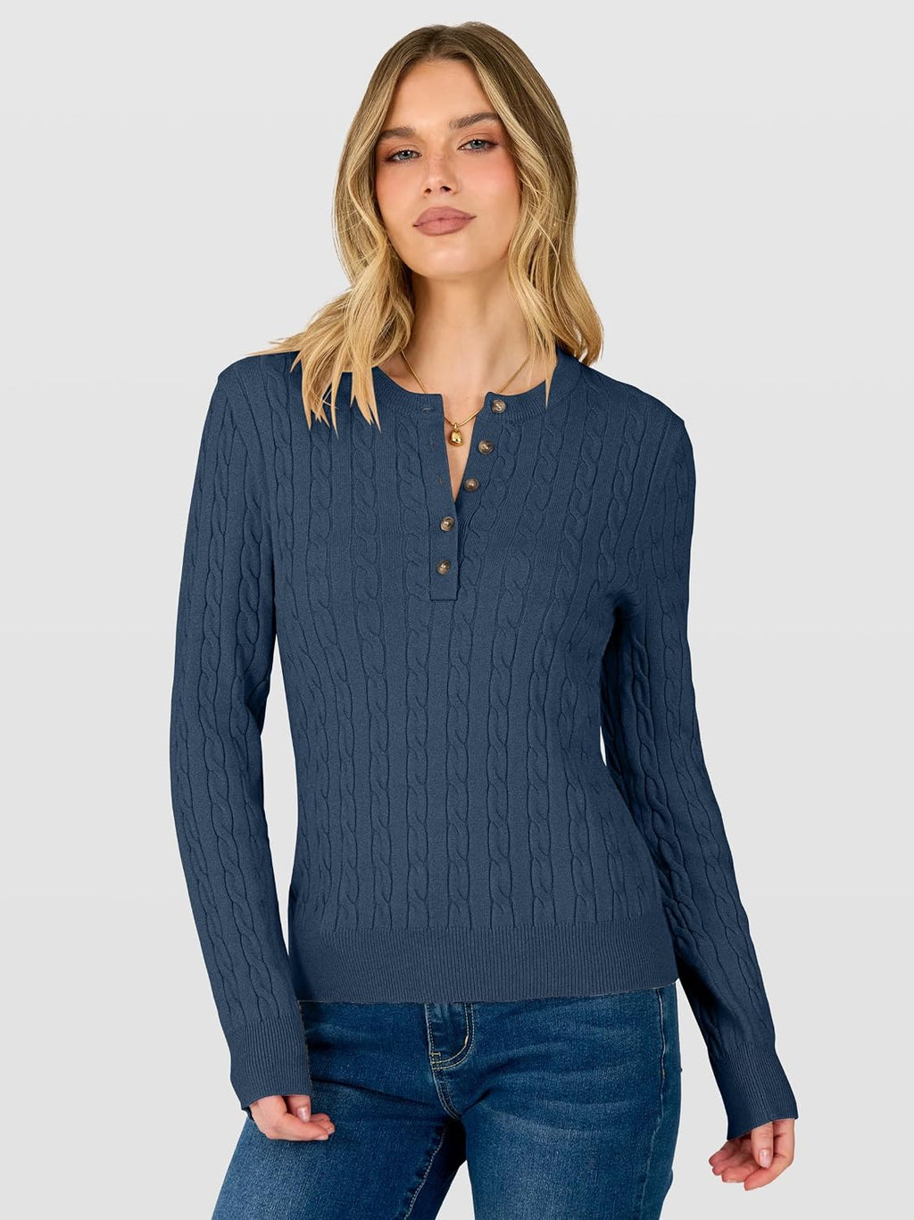 ANRABESS Sweaters for Women Cable Knit Henley Neck Fall Outfits