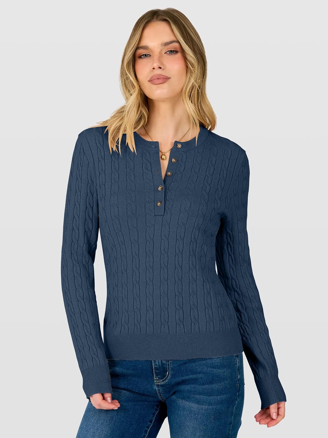 ANRABESS Sweaters for Women Cable Knit Henley Neck Fall Outfits