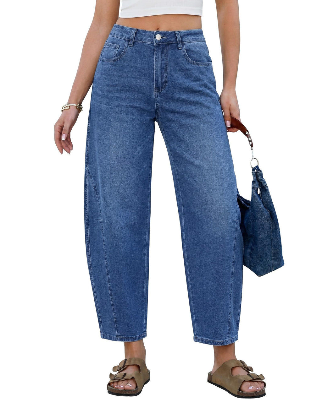 GRAPENT Barrel Jeans for Women Cropped Trendy High Waisted Baggy Side Seamed Casual Stretchy Denim Pants Wide Leg Jeans