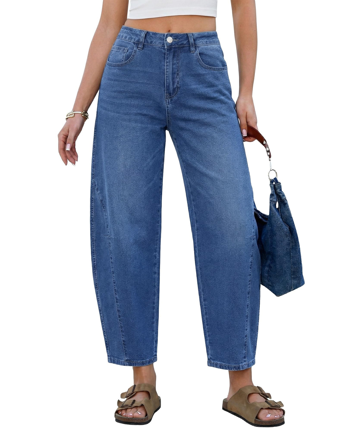 GRAPENT Barrel Jeans for Women Cropped Trendy High Waisted Baggy Side Seamed Casual Stretchy Denim Pants Wide Leg Jeans