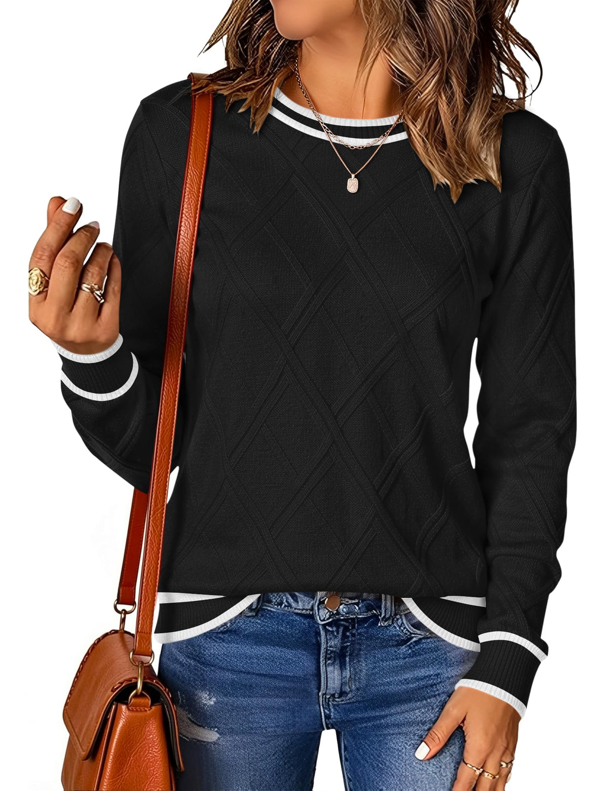 LOMON Women's Cable Knit Sweater Long Sleeve Crew Neck Fall Tops