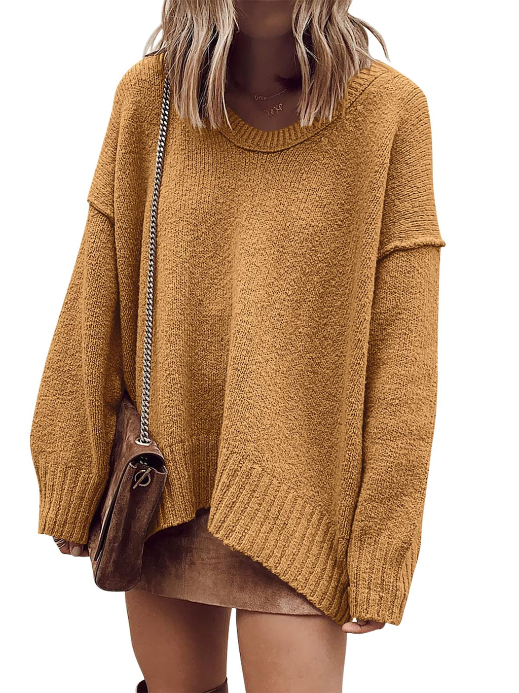 ANRABESS Womens Fall Fashion Oversized Scoop V Neck Batwing Sleeve Sweater