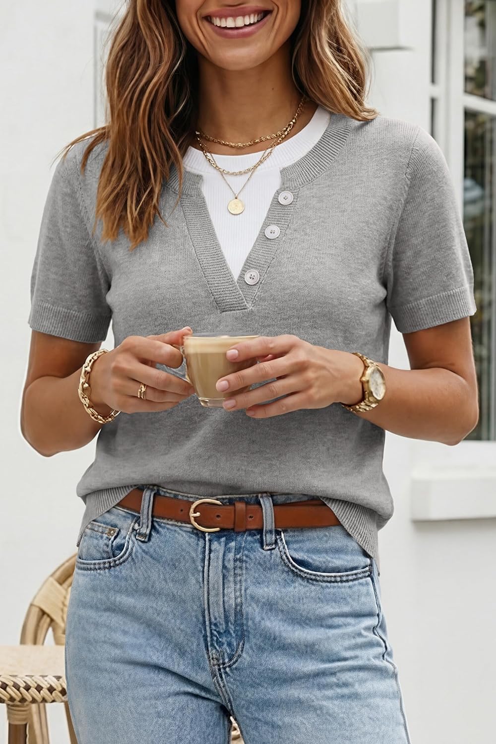 SHEWIN Womens Lightweight Short Sleeve Sweaters Fall Layered Knit Tops